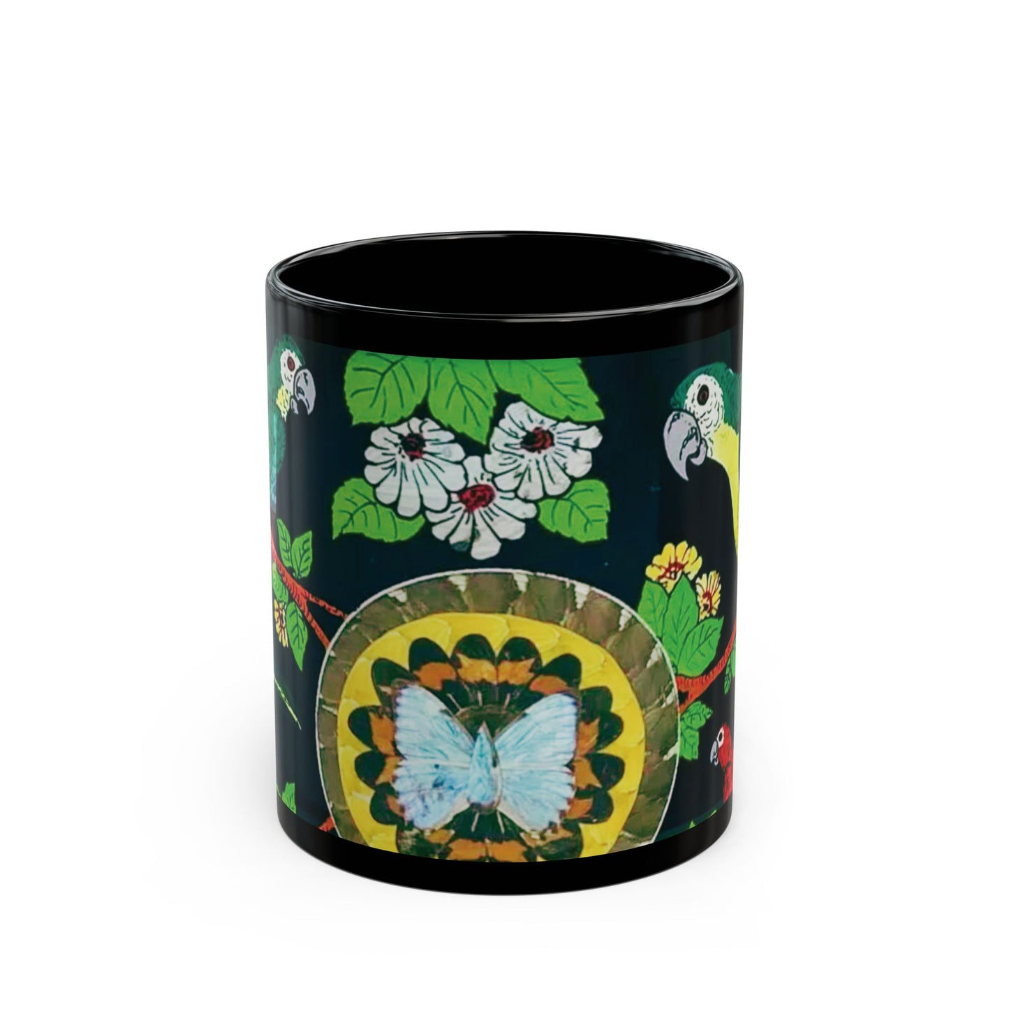 Black Coffee Mug, 2 Sizes - Parrots & Butterfly/Real Wings