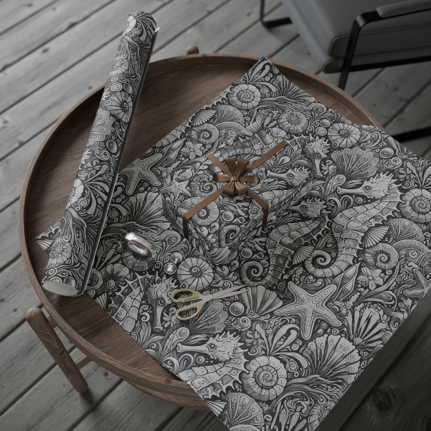 Wrapping Paper - Tropical Gift Wrap for All Occasions, 3 Sizes/2 Finishes / Seahorses Noir