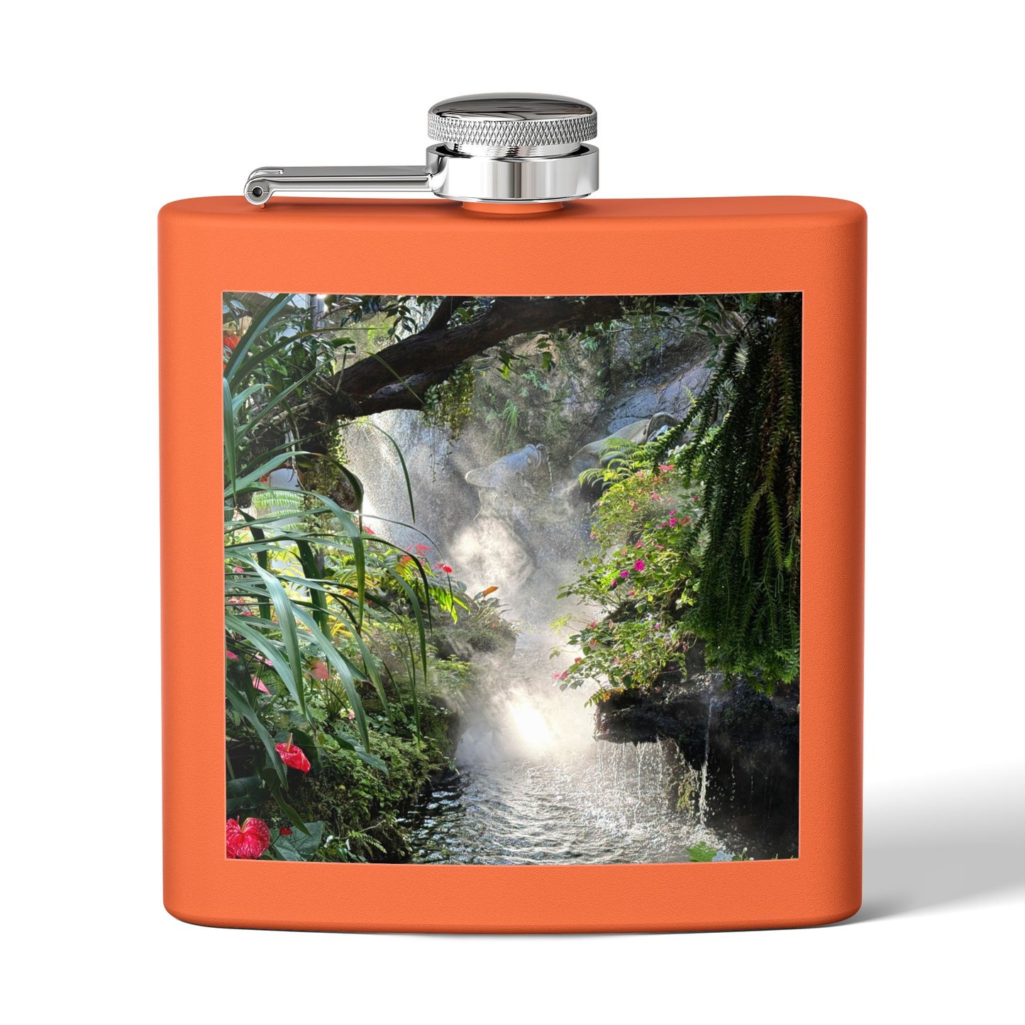 Tropical Stainless Steel 6 oz. Flask, Many Colors  – Misty Rainforest River