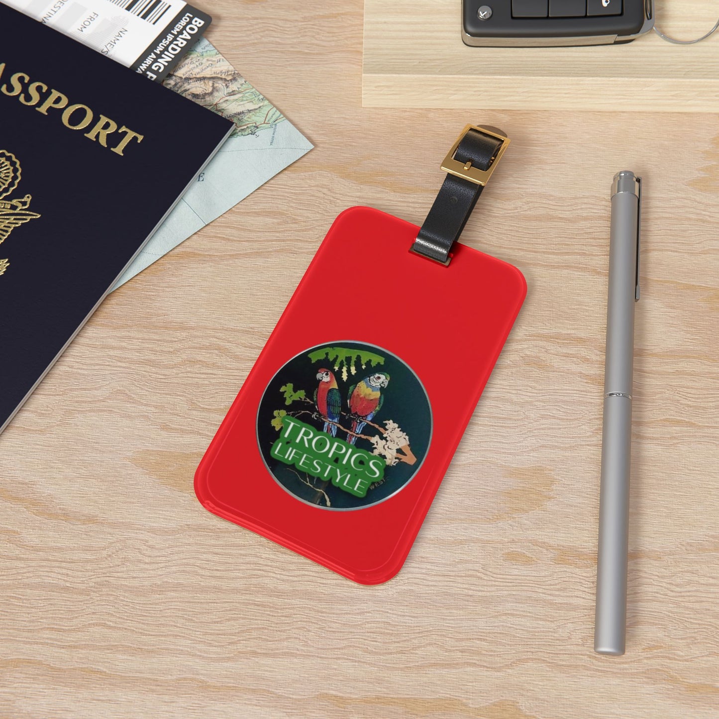 Luggage Tag - Two Brazilian Parrots, red