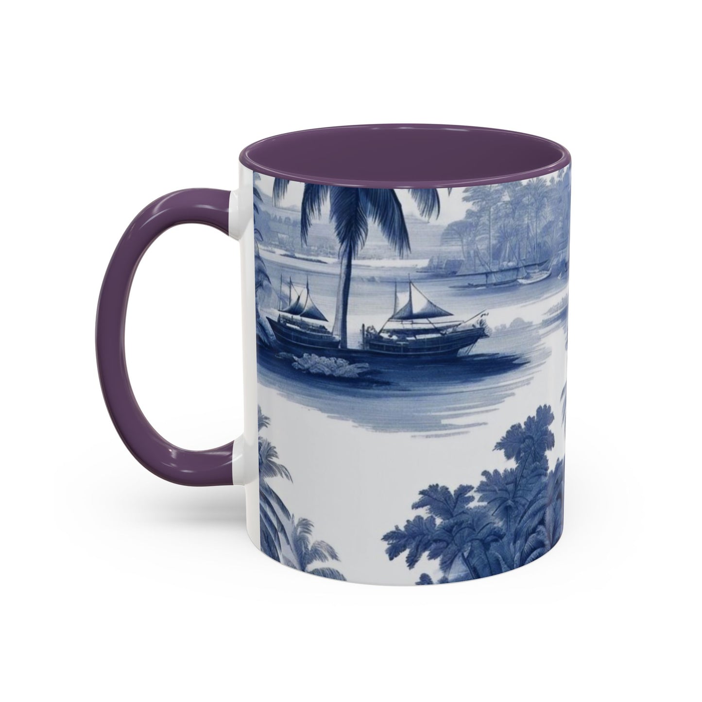 Accent Coffee Mug (11, 15oz), 8 Colors - Tropical Toile Blue/White