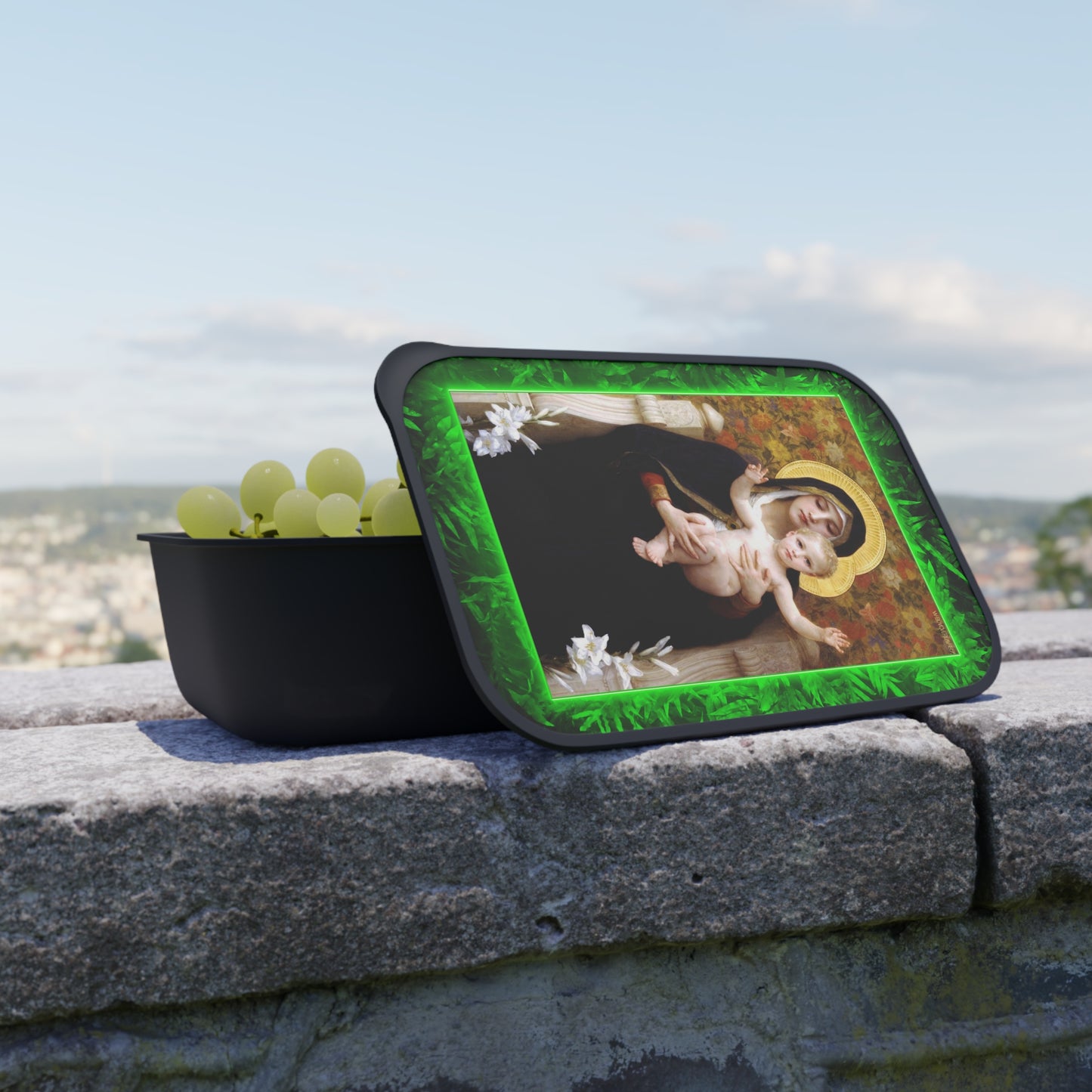 Bento Box with Utensils - Religious Tropical Glow Mary and Baby Jesus