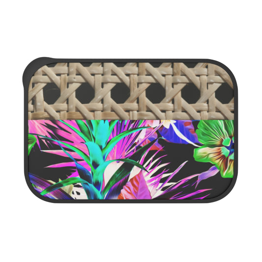 Bento Box with Utensils - Colorful Hawaiian Design, Wicker/Plant Palooza, Black