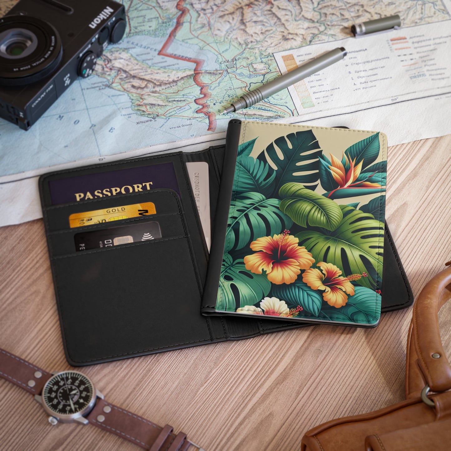 Tropical Passport Cover, Faux Leather - RFID blocking for travel security / Exotic Flora