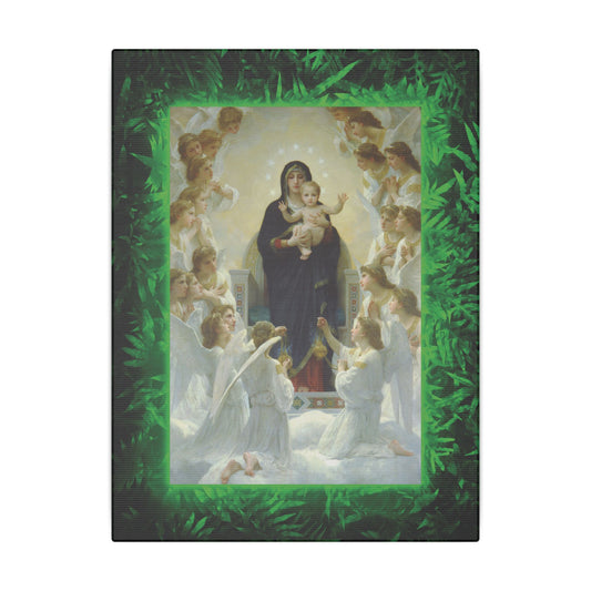 "Tropical Glow Our Lady With Angels" Religious Canvas Artwork - Stretched Canvas Print / Virgin Mary & Jesus