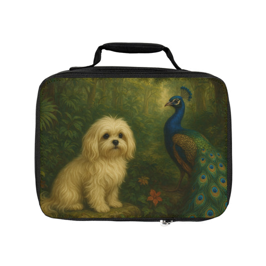 Puppy Ariel and Peacock Lunch Bag - Eco-Friendly Insulated Tote, Adult and Child Lunchbox / Perfect for Picnics, Beach Outings