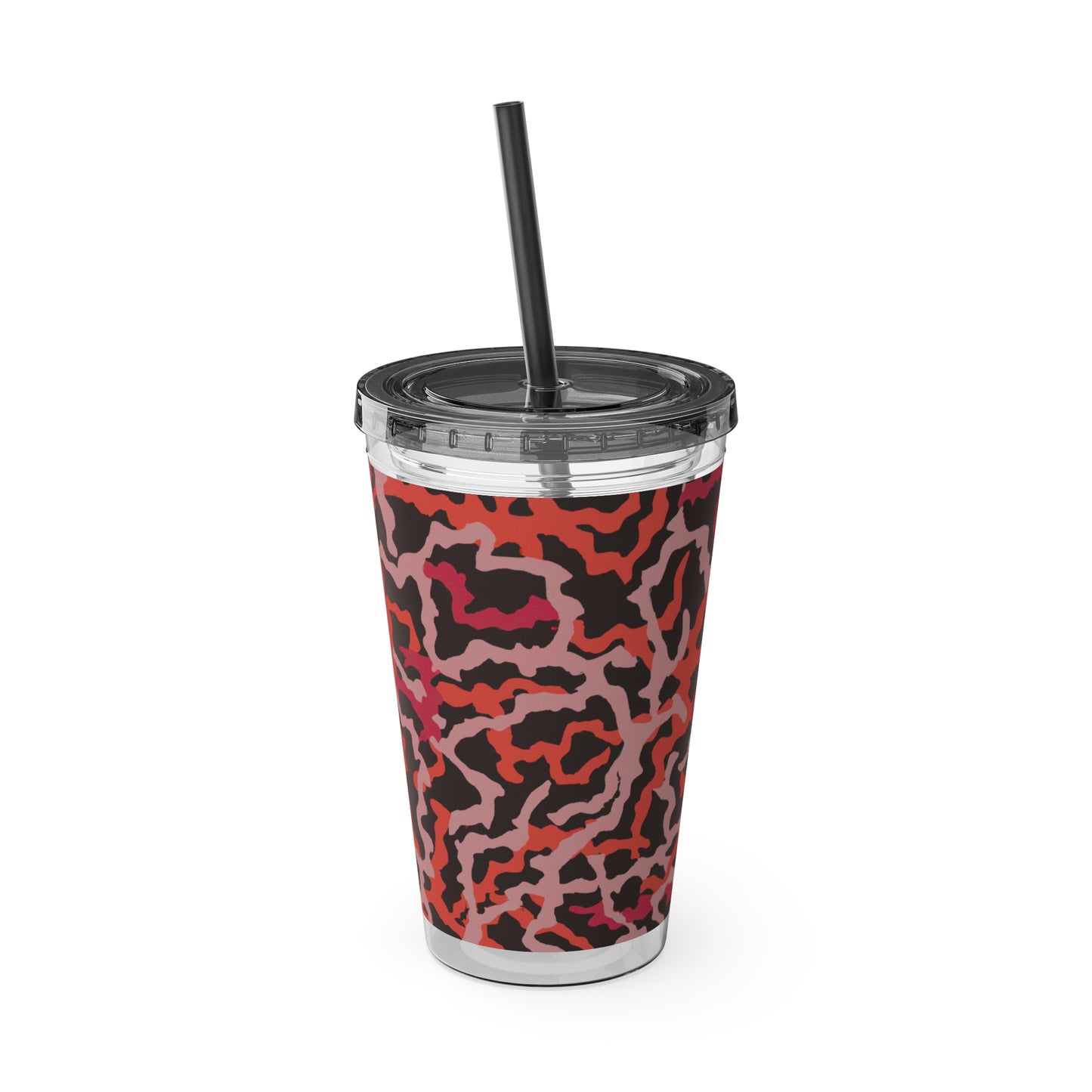 Tropical Tumbler with Straw | 16oz Colorful Travel Cup / Coral Threads, Red