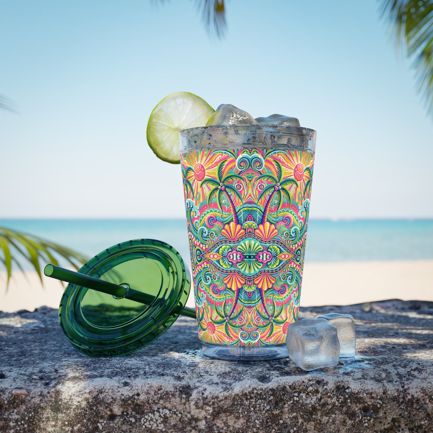 Tropical Tumbler with Straw | 16oz Colorful Travel Cup / Kaleido Bay