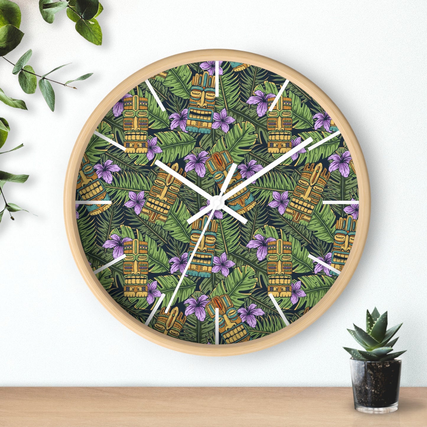 Wall Clock - Tiki Greenery, White Hour Marks