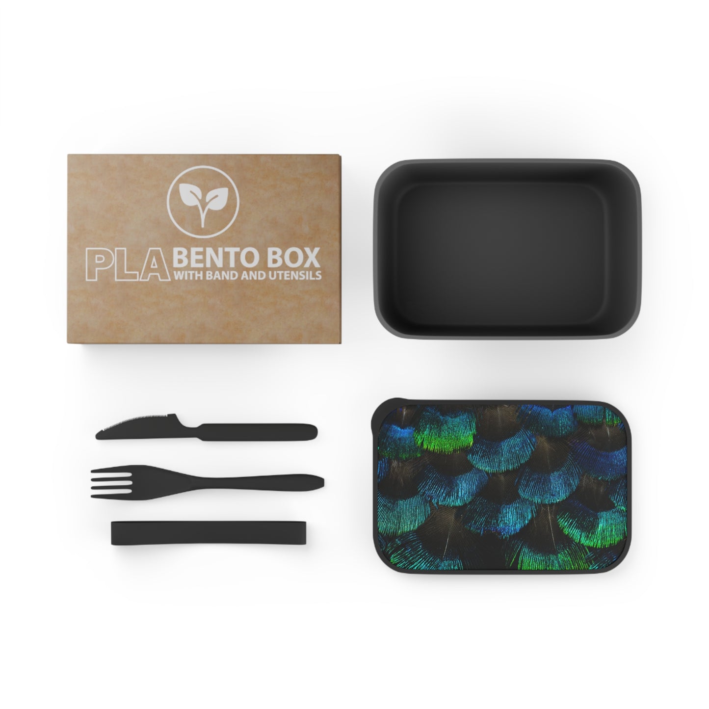 Bento Box with Utensils - Blue/ Green Peacock Eyelash Feathers