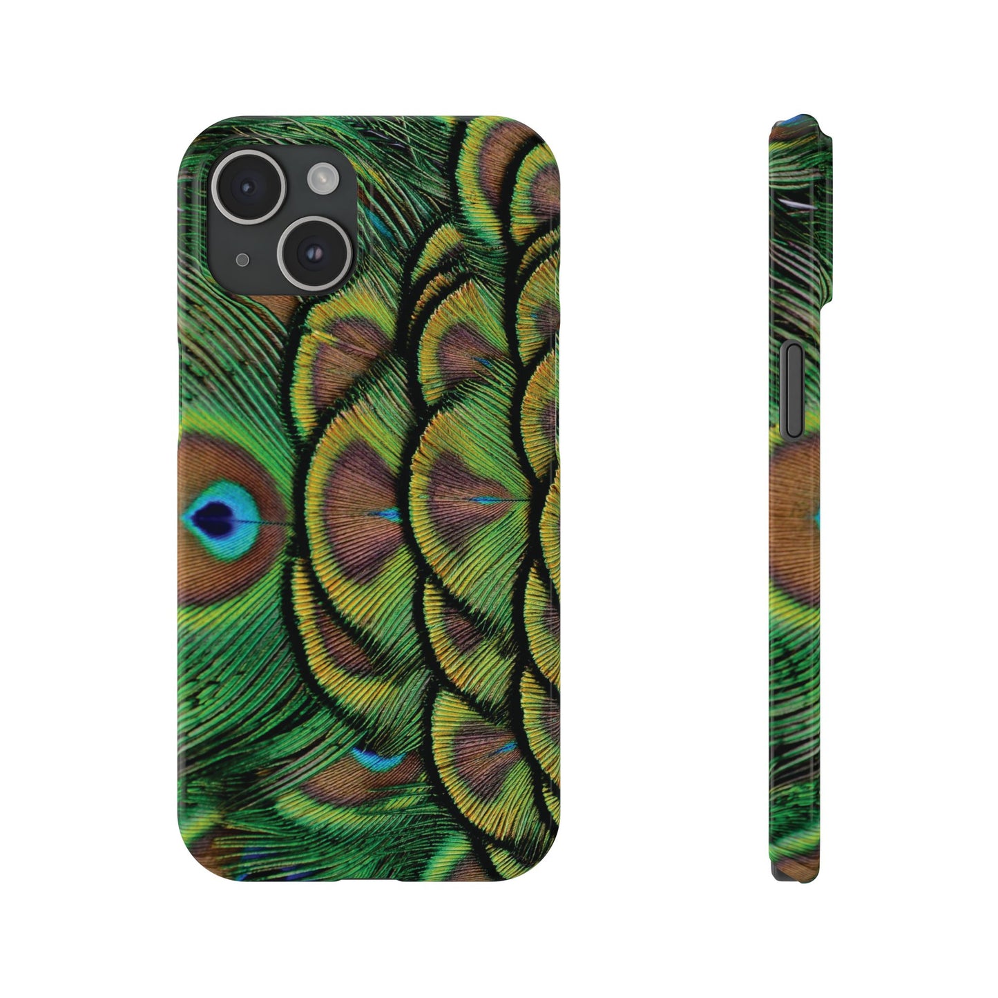 Slim Phone Cases - Brilliant Green Peacock Feathers