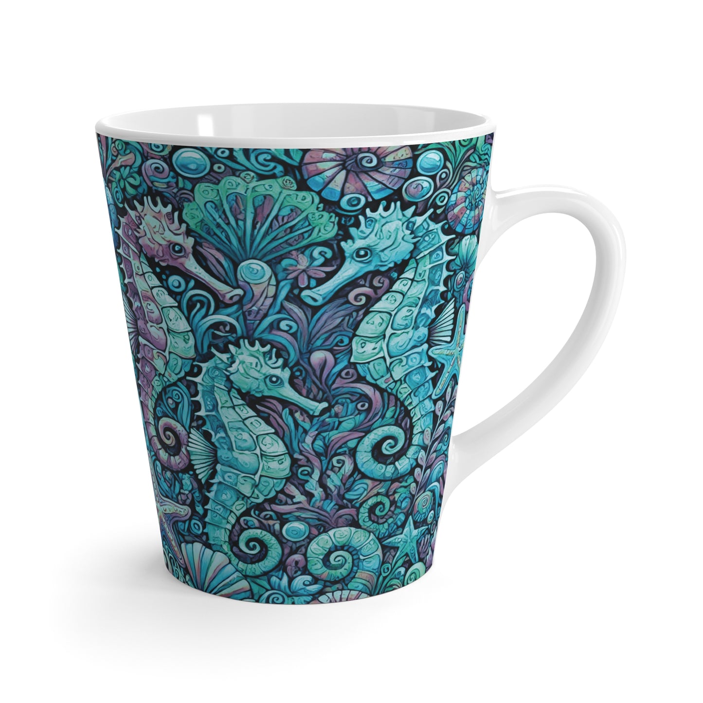 Latte White Mug - Seahorses, Turquoise