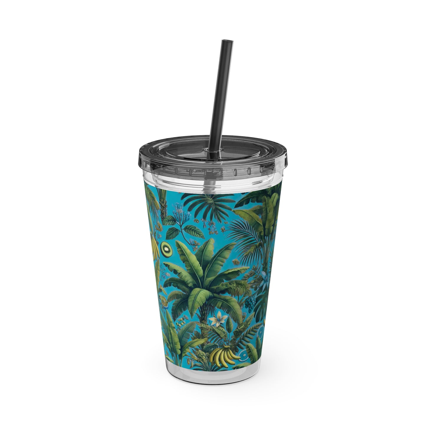 Tropical Tumbler with Straw | 16oz Colorful Travel Cup / More Tropical Fruit, Aqua Blue