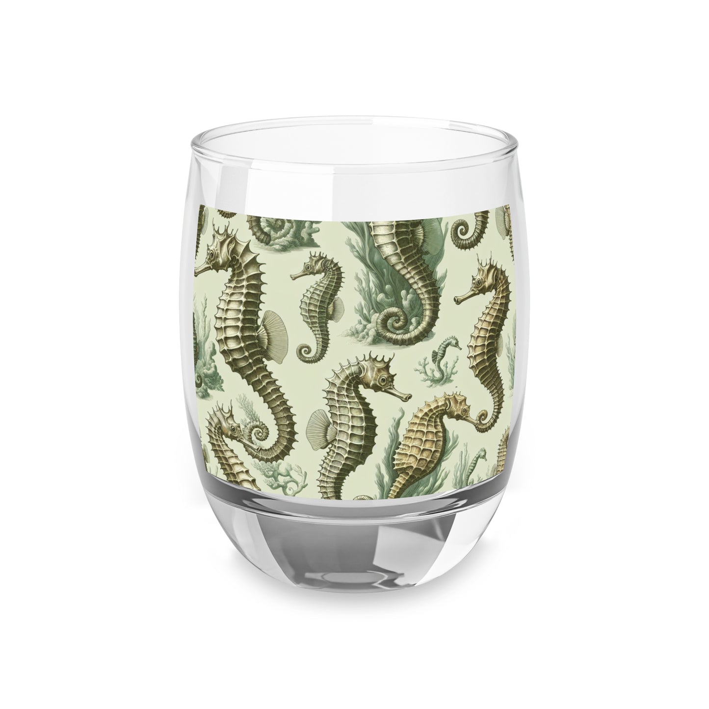 Whiskey Glass, Green Toile Seahorses