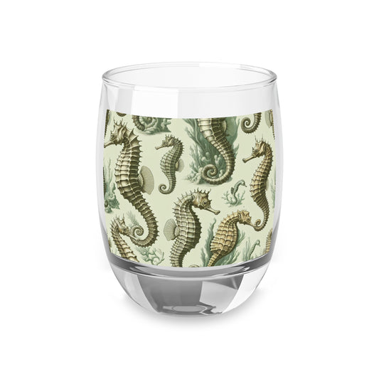 Whiskey Glass, Green Toile Seahorses