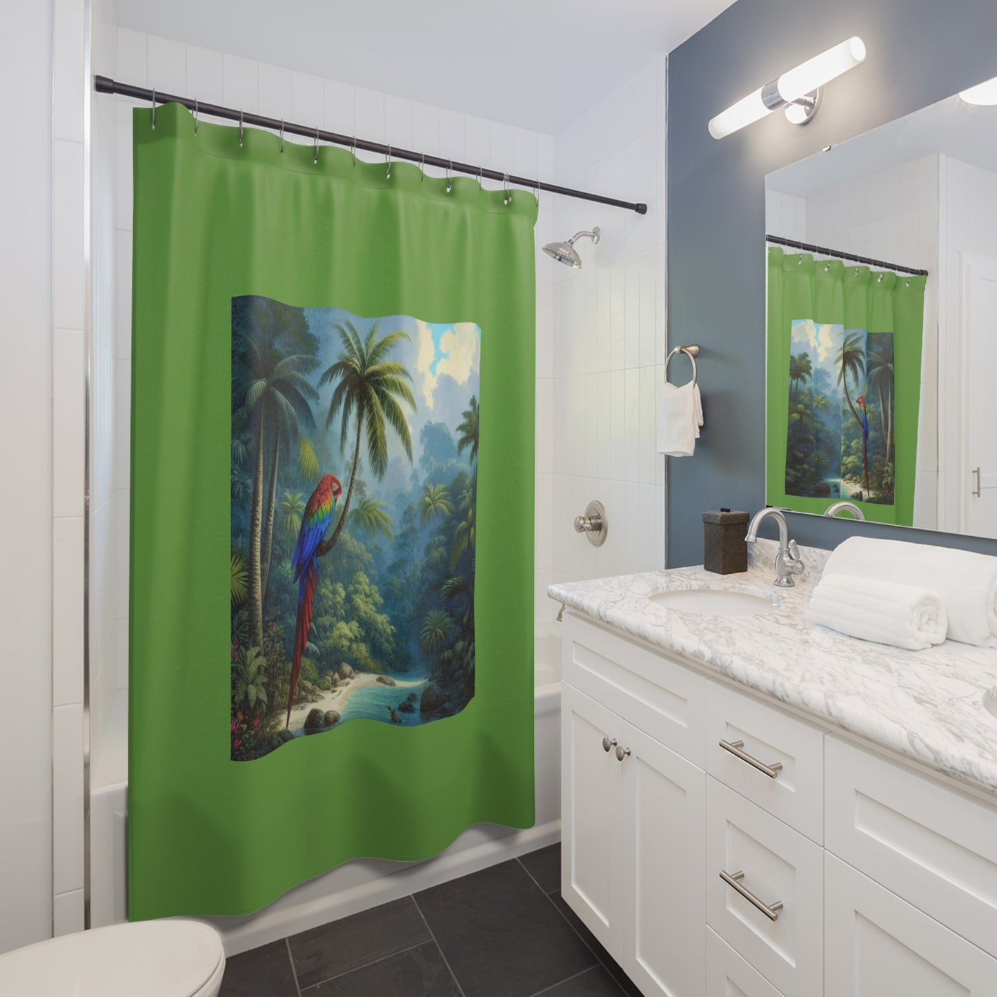 Tropical Shower Curtain - Rainforest Bathroom Decor / Sleeping Beauty Parrot, Green