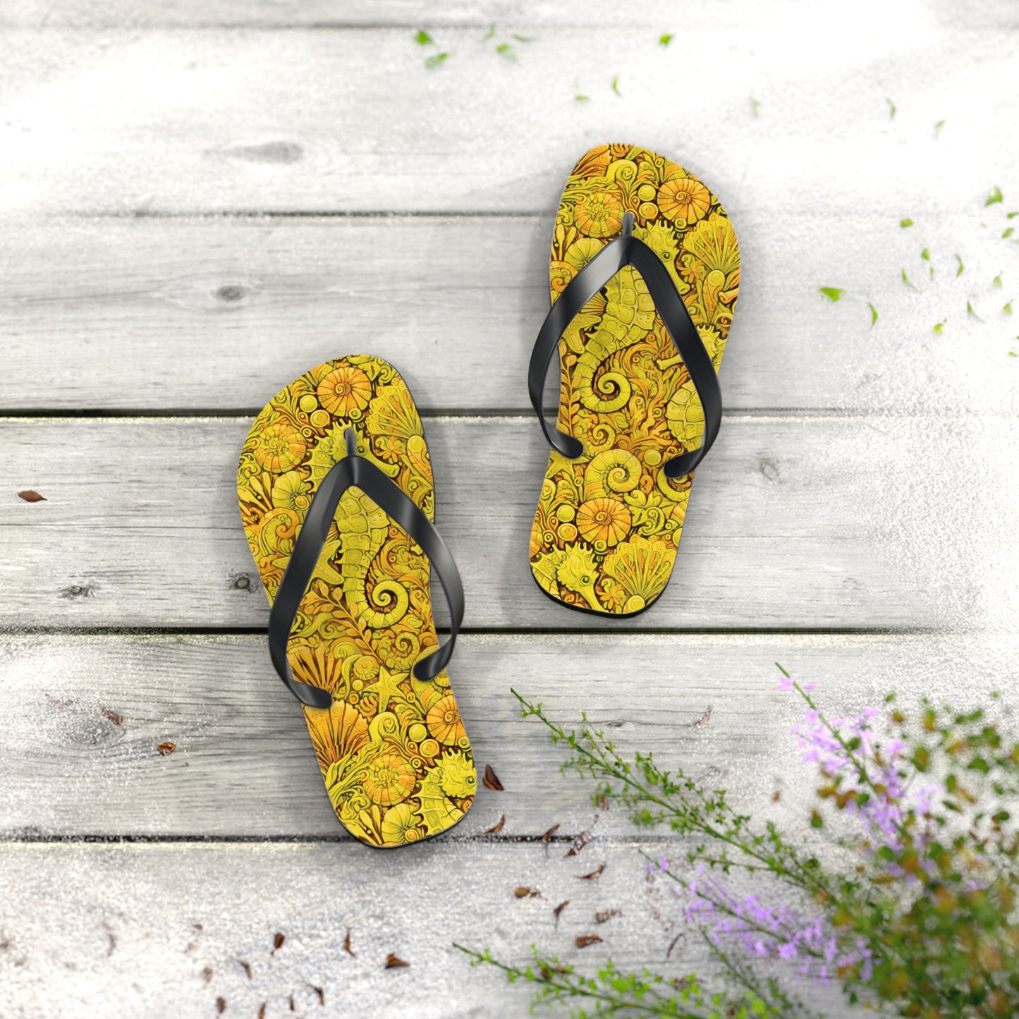 Flip Flops - Seahorses/Yellow