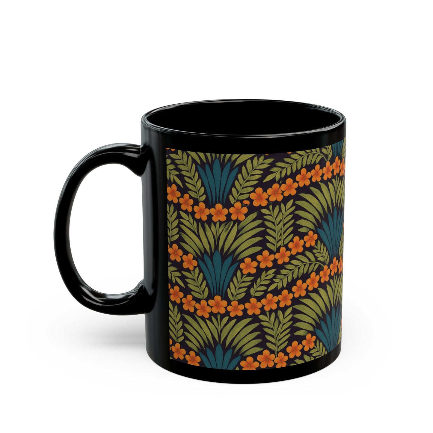 Black Coffee Mug - Hibiscus Fan Dance, Orange
