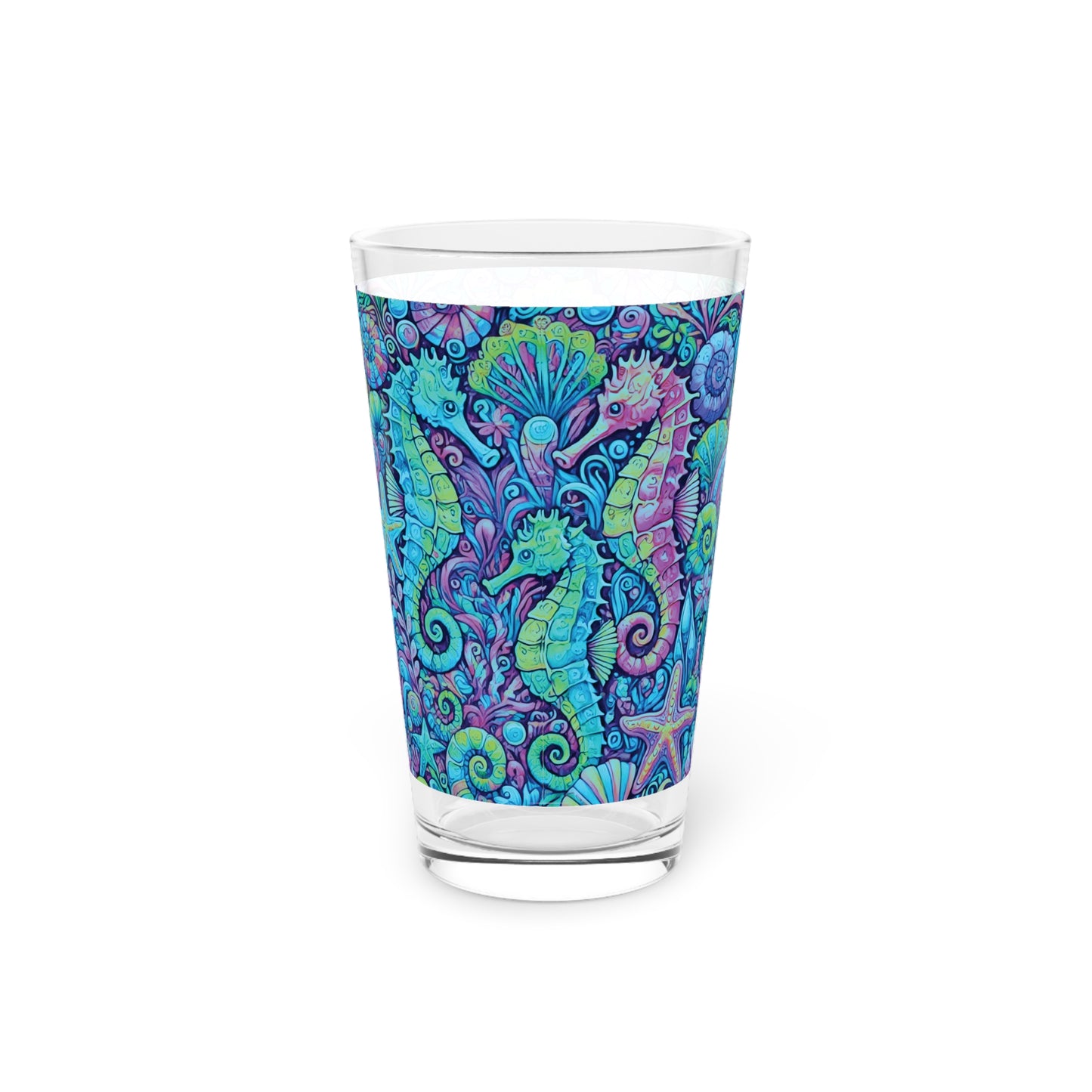 Pint Glass, 16oz - Seahorse Trio Turquoise Pop