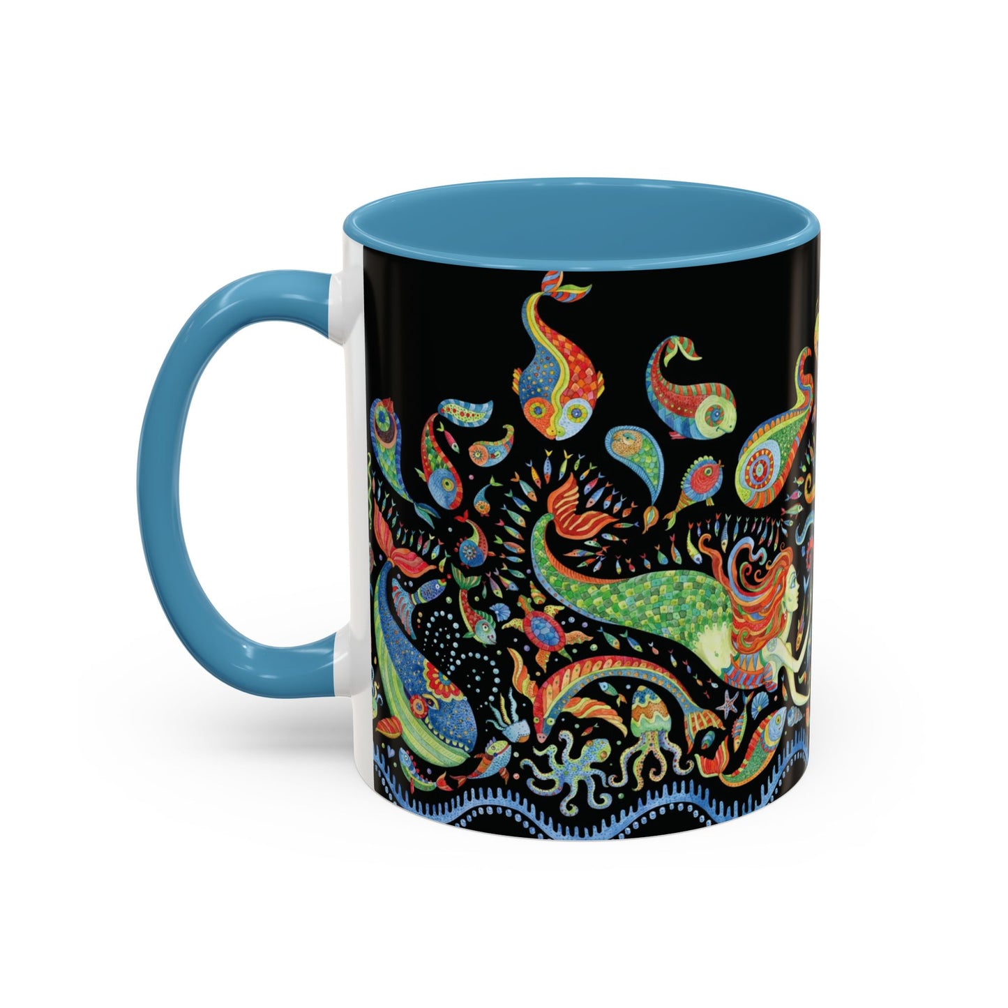 Mermaid Kingdom/Black, Coffee Mug, 8 Colors - Fun Tropical Drinkware for Beach Vibes