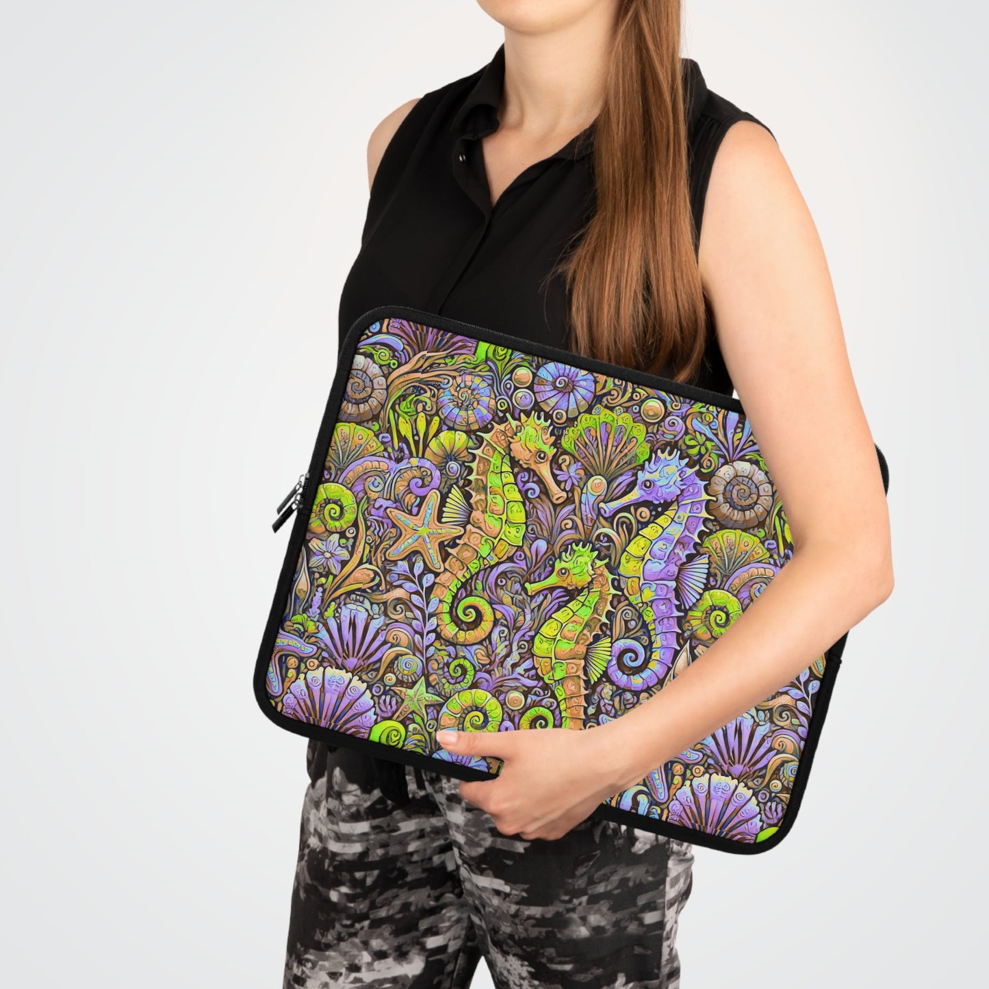 Tropical Laptop Sleeve, 5 Sizes - Perfect for Beach Lovers & Students / Seahorses, Yellow and Purple