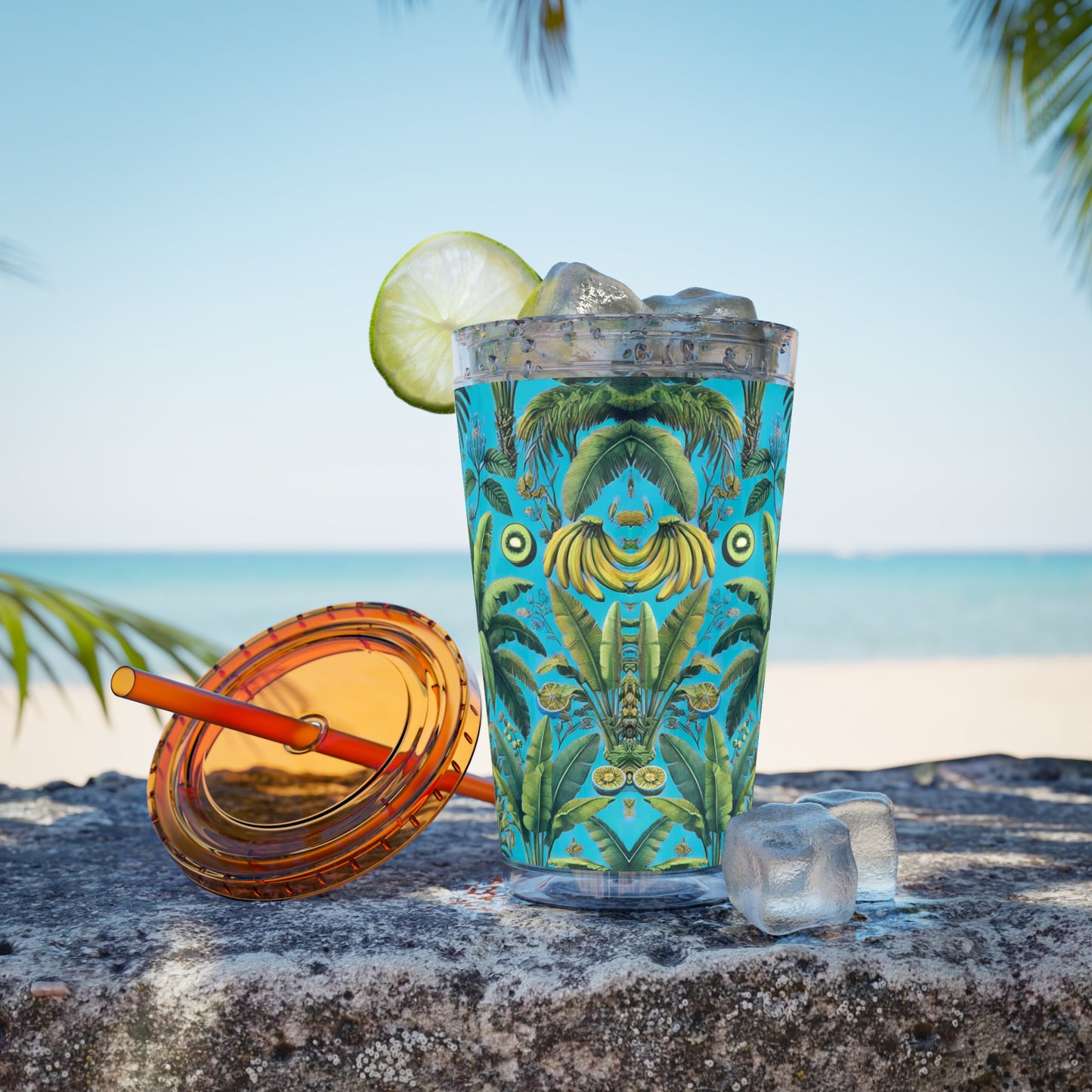 Tropical Tumbler with Straw | 16oz Colorful Travel Cup / More Tropical Fruit, Aqua Blue
