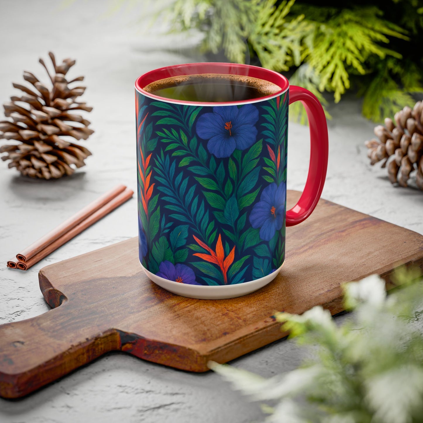 Vibrant Floral Coffee Mug - 11oz & 15oz / Midnight Flower Coral