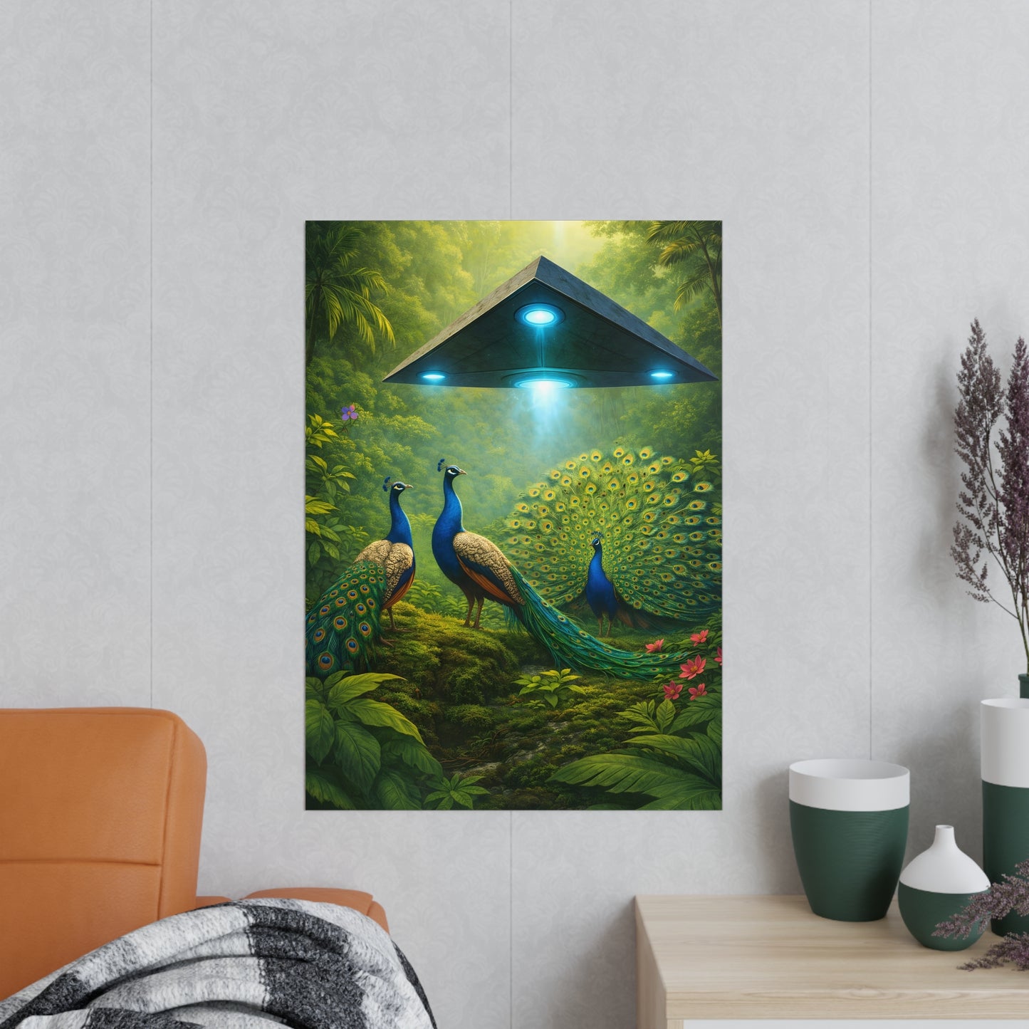 Photopaper Poster — UFO & Peacocks Sci‑Fi Wall Art