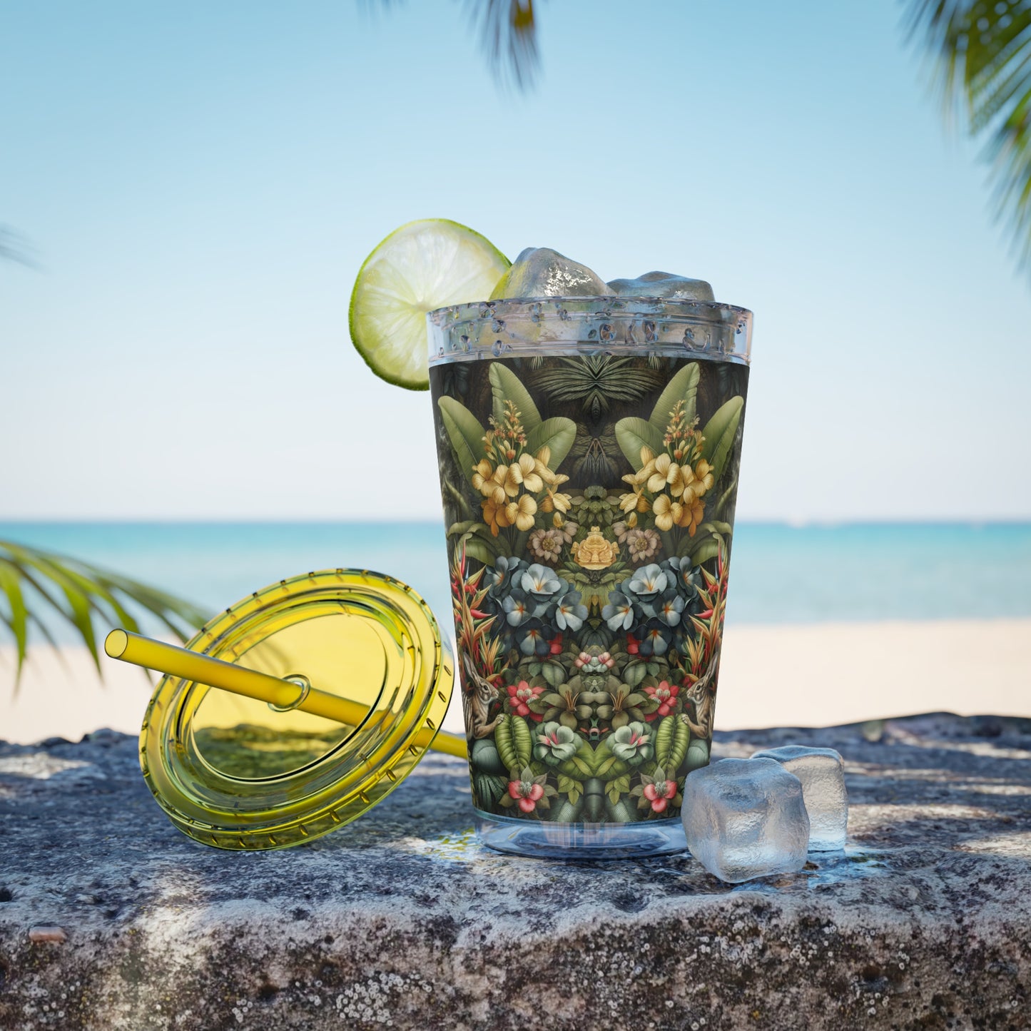 Tropical Tumbler with Straw | 16oz Colorful Travel Cup / Rainforest Rabbit Outing