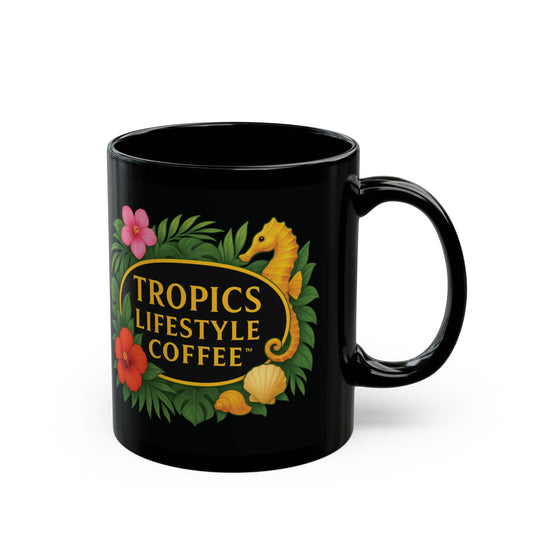 Black Coffee Mug - Seahorse Fantasy, Black /TLCoffee Logo