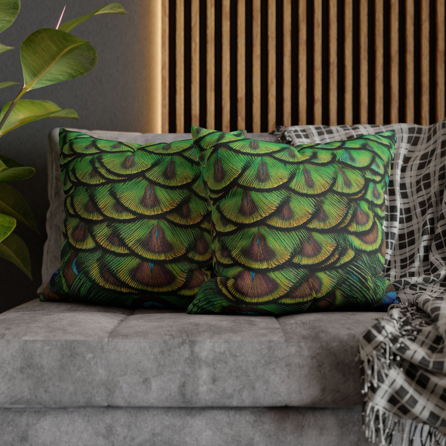 Faux Suede Square Pillowcase - Majestic Green Peacock Feathers