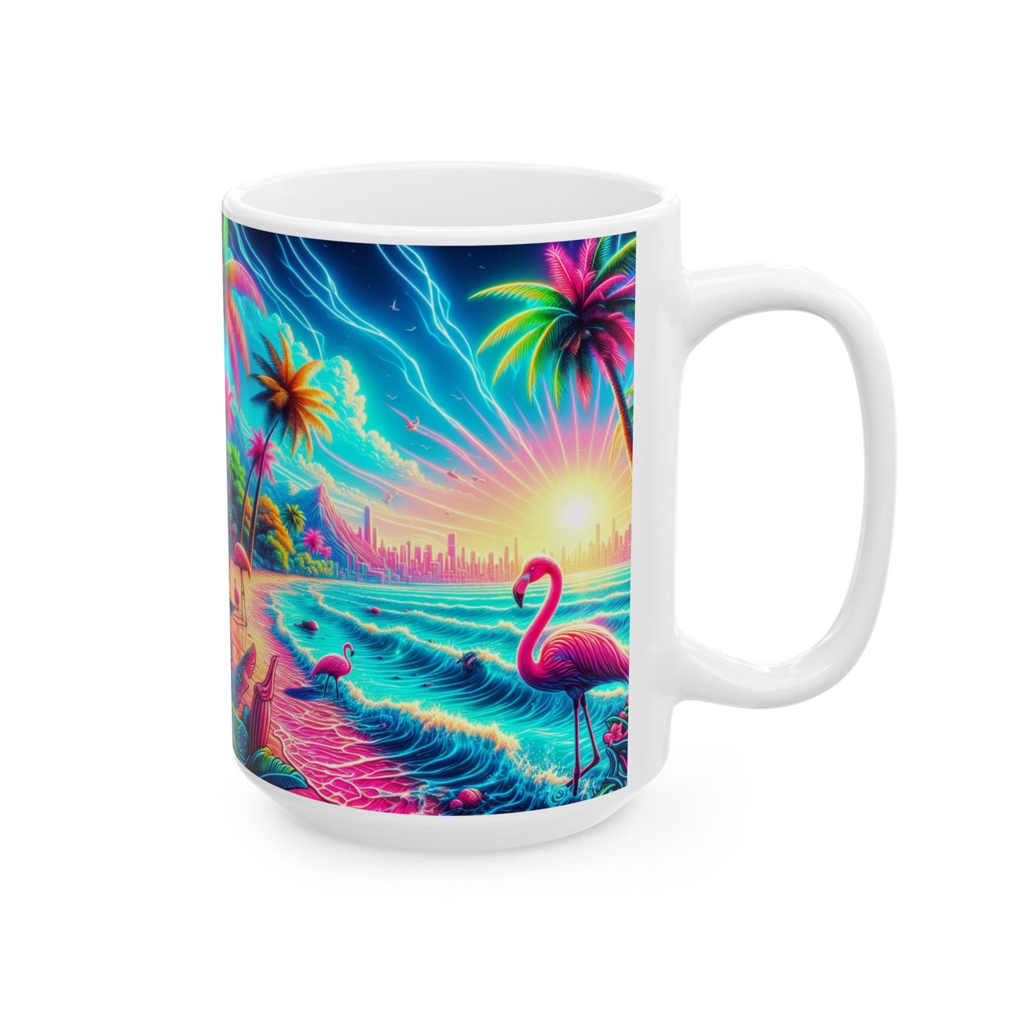 Ceramic White Mug - 11oz & 15oz, / Pop Art Flamingo Beach