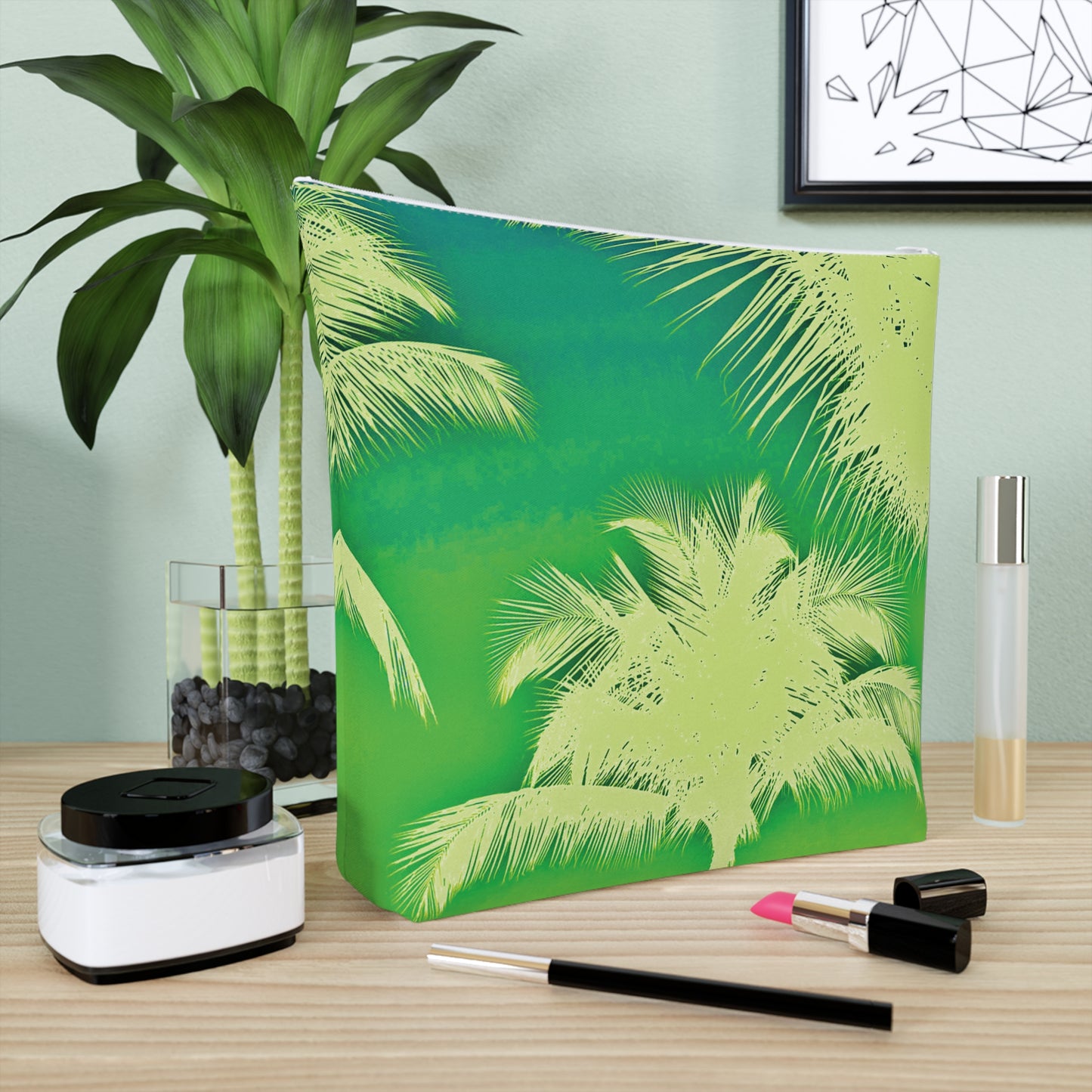 Tropical Cotton Cosmetic Bag, Makeup Pouch, 5 Sizes / Palm Glow, Green