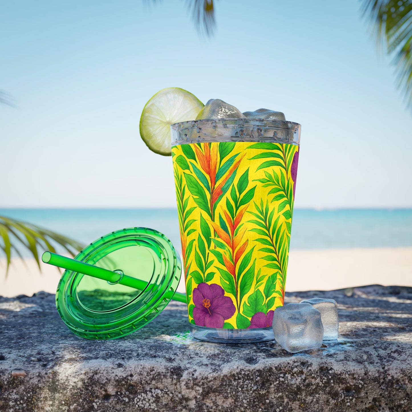 Tropical Tumbler with Straw | 16oz Colorful Travel Cup / Midnight Flower Yellow
