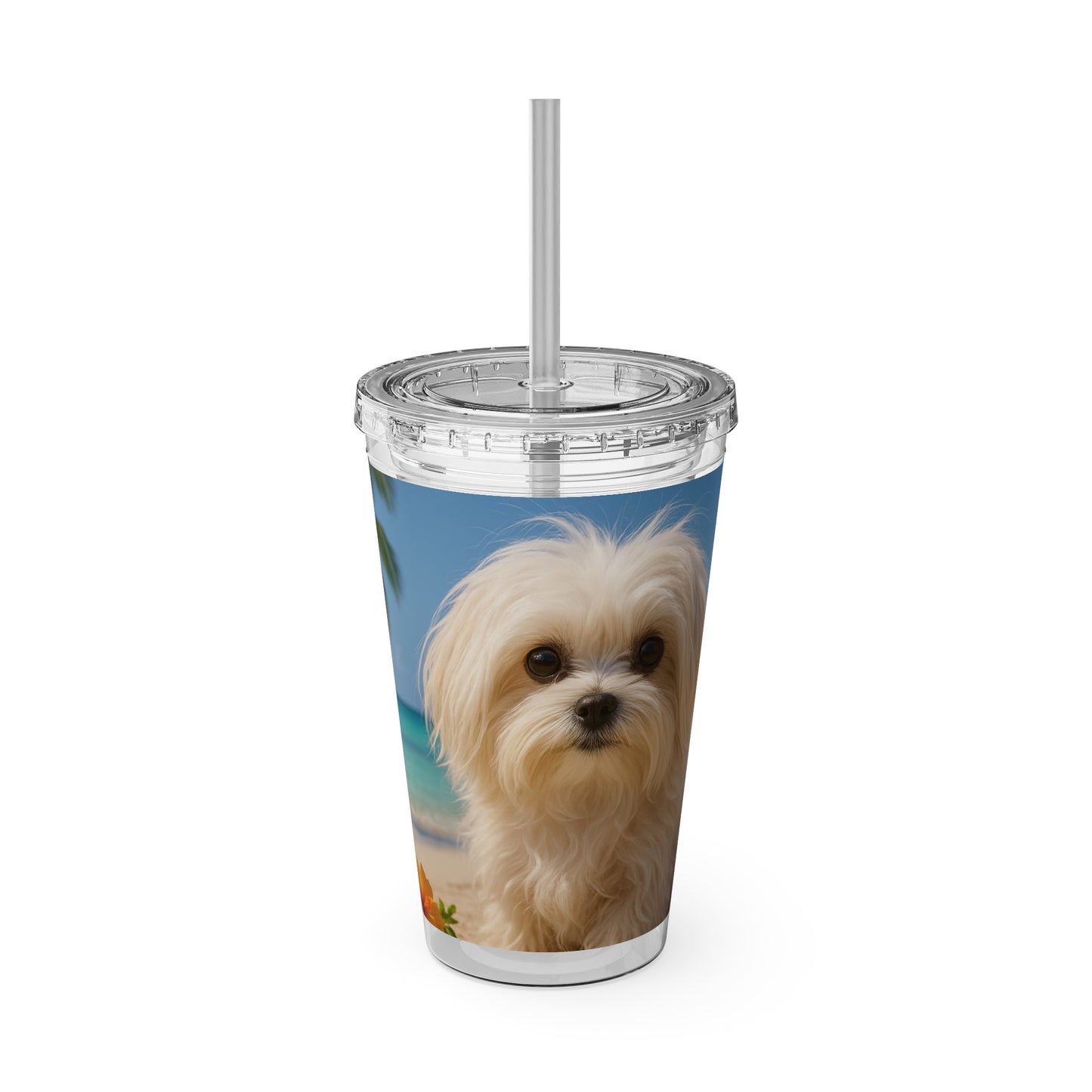 Tropical Tumbler with Straw | 16oz Colorful Travel Cup / Puppy Ariel at the Beach