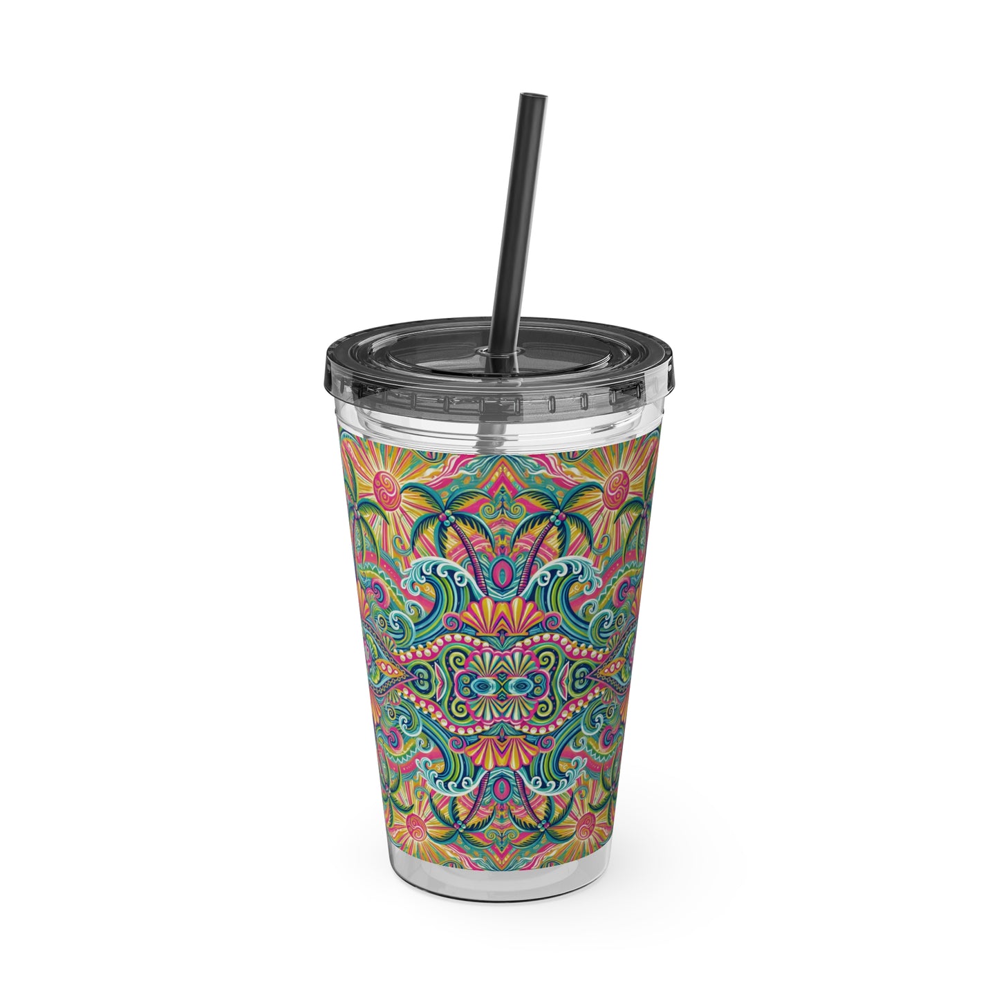 Tropical Tumbler with Straw | 16oz Colorful Travel Cup / Kaleido Bay
