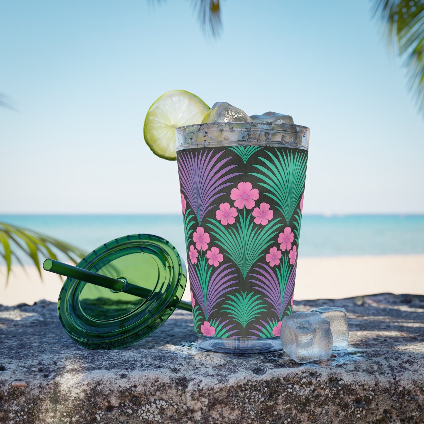 Tropical Tumbler with Straw | 16oz Colorful Travel Cup / Midnight Hibiscus Deco, Pink