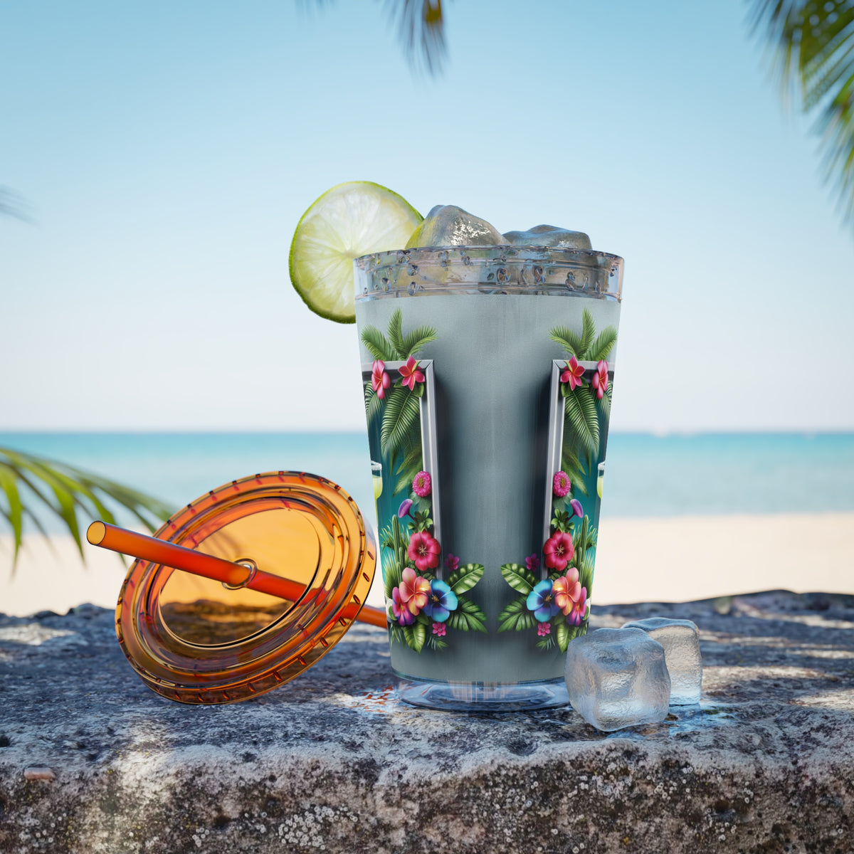Tropical Tumbler with Straw | 16oz Colorful Travel Cup / Tropical Margarita