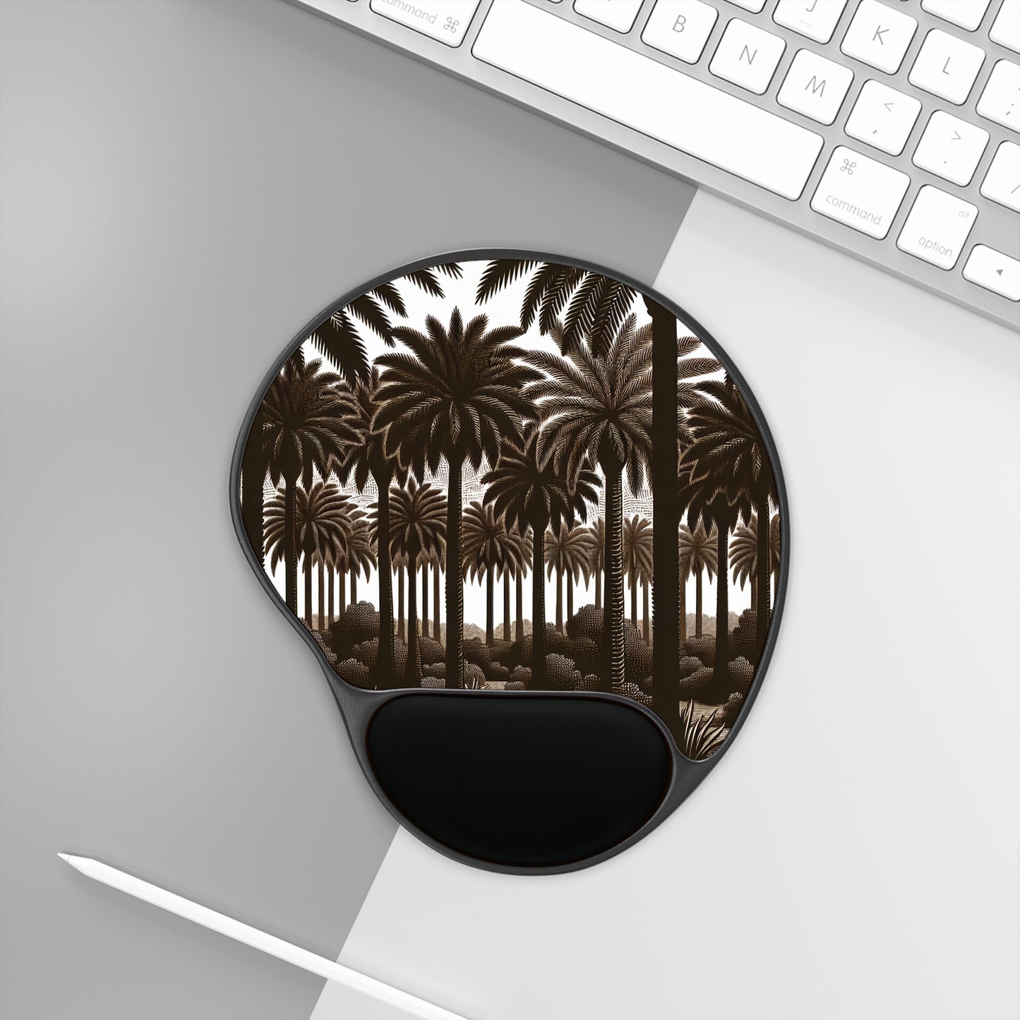 Mouse Pad With Wrist Rest, Woodcut Palm Grove