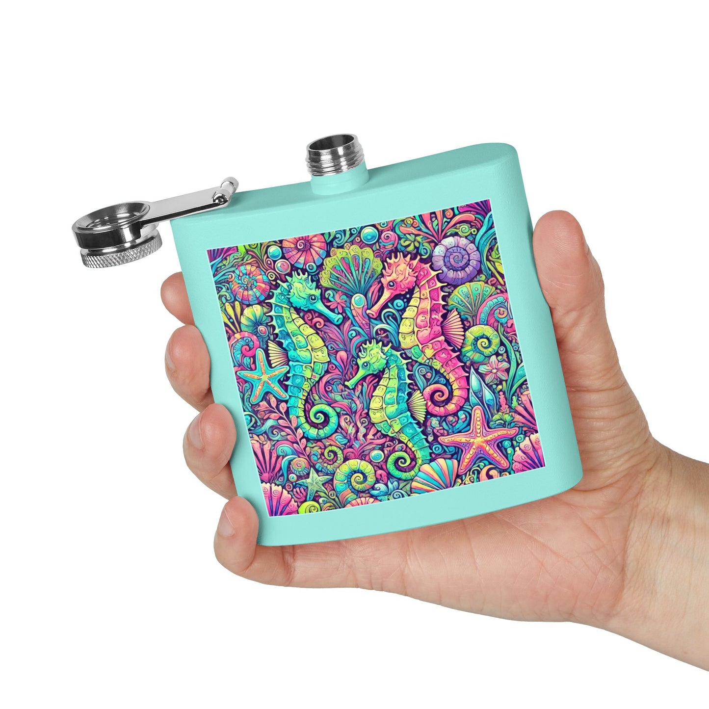 Tropical Stainless Steel 6 oz. Flask, Many Colors  – Seahorse Trio