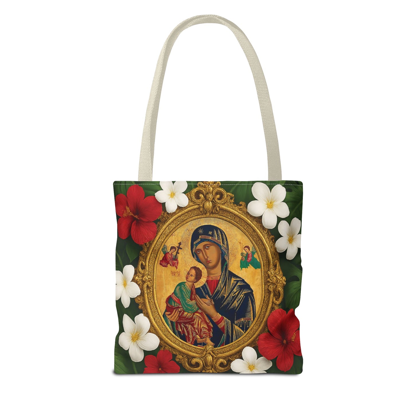 Religious Art Polyester Tote Bag, 3 Sizes / Our Lady of Perpetual Help, Red Flowers