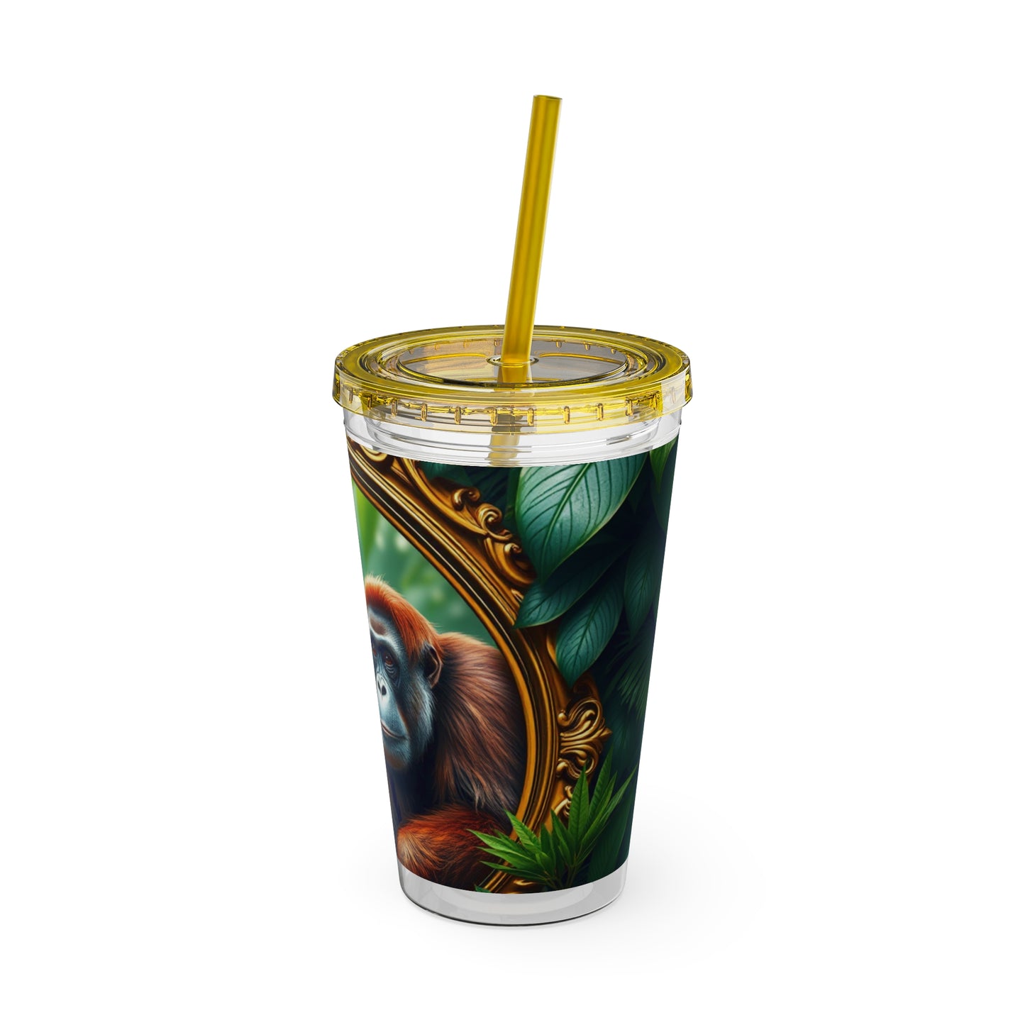 Tropical Tumbler with Straw | 16oz Colorful Travel Cup / Framed Orangutan Apes