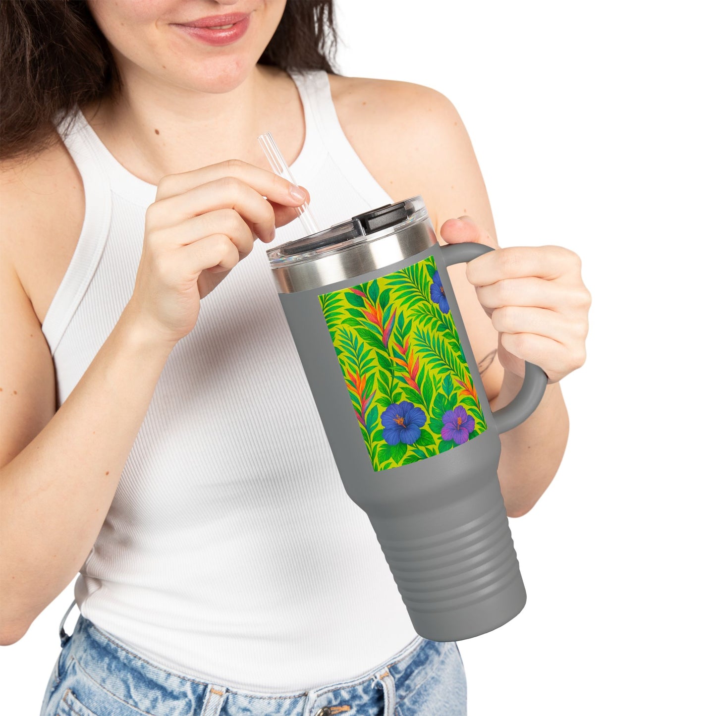Midnight Flower Lime Insulated Travel Mug - 40oz - Perfect for Outdoor Adventures