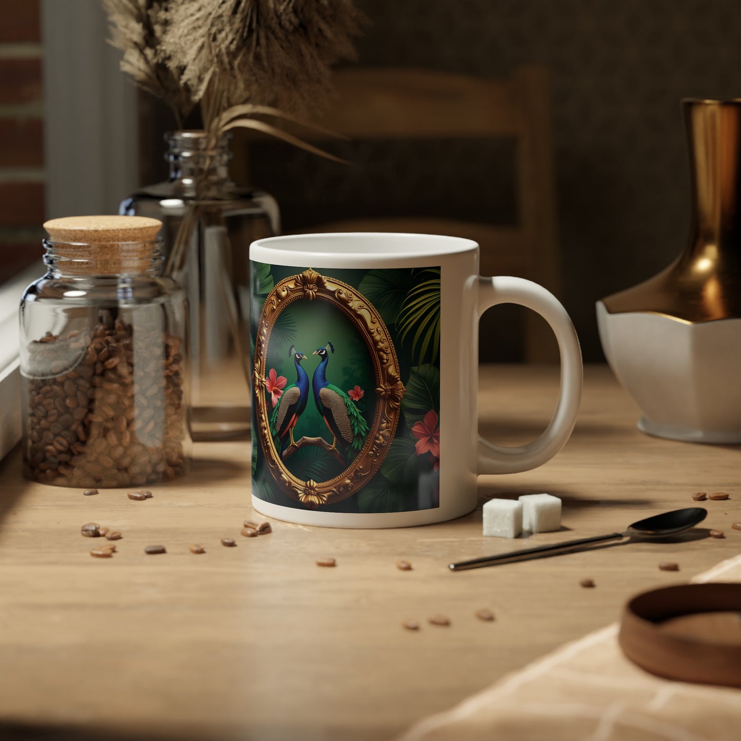 Jumbo Mug, 20oz, Framed Peacocks | Tropical Coffee Cup