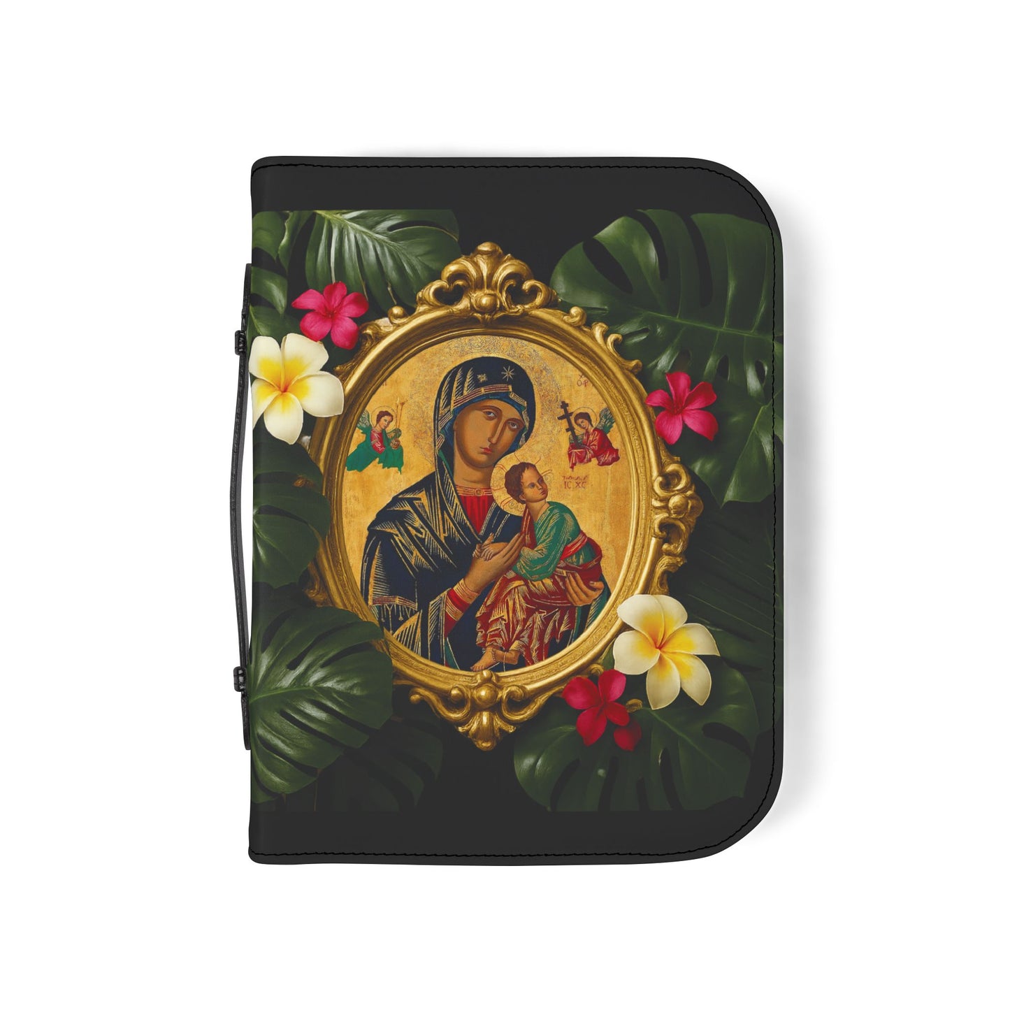 Tropical Bible Cover, Our Lady of Perpetual Help Black / Floral Bible Protector, Church Accessories