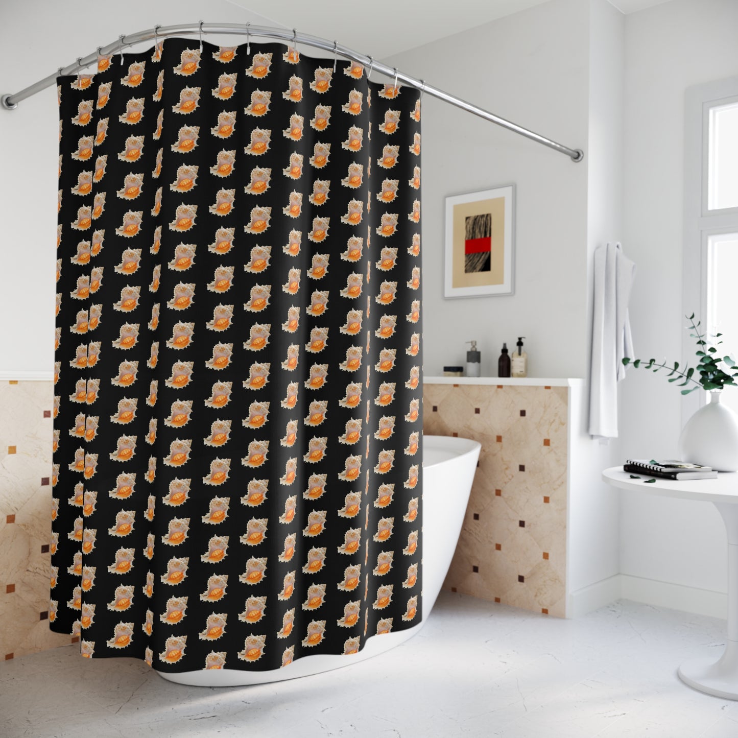 Tropical Shower Curtain - Ocean Bathroom Decor / Conch Shell/Black