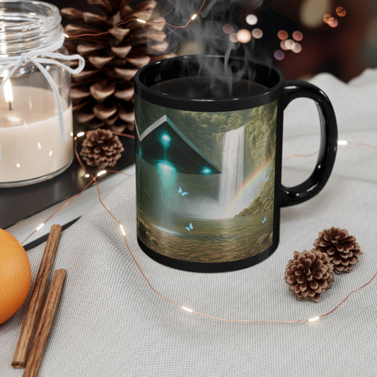 Black Coffee Mug - UFO and Waterfall