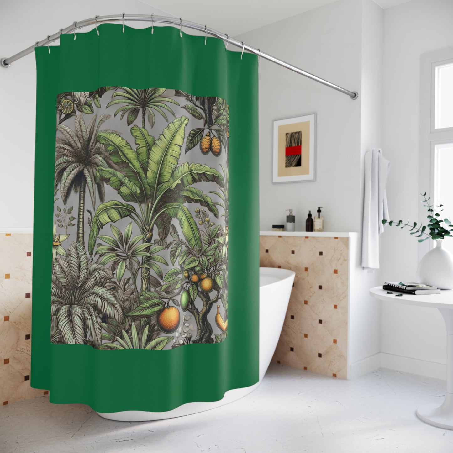 Palm Tree Shower Curtain - Ocean Bathroom Decor / Tropical Fruit/Grey, Dark Green