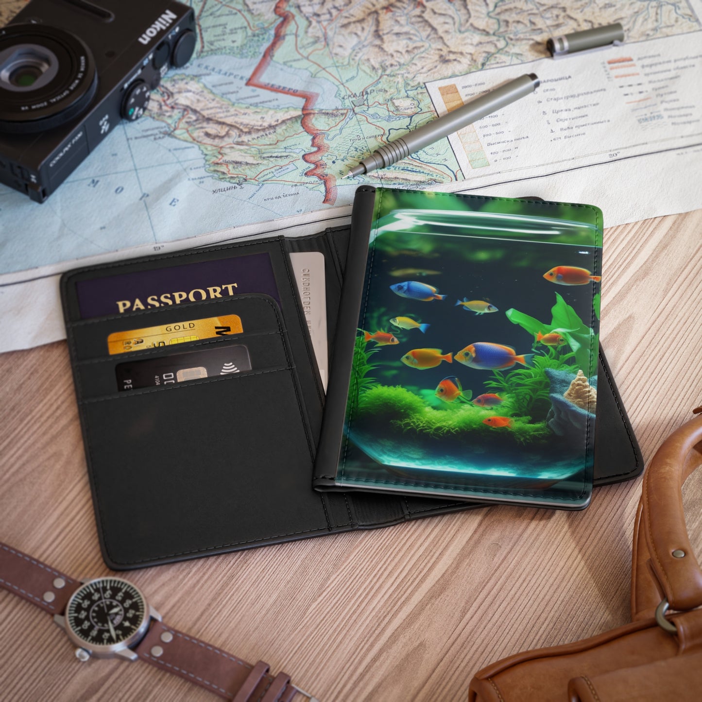 Tropical Passport Cover, Faux Leather - RFID blocking for travel security / Tropical Fish Bowl