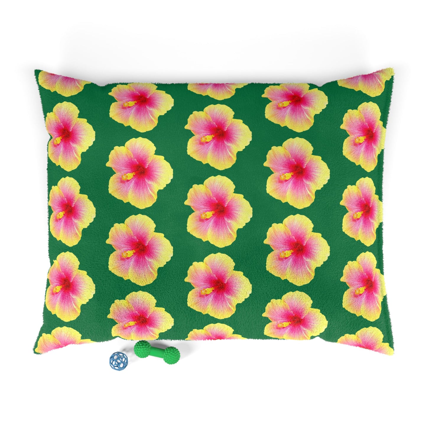 Pet Bed - Cozy and Fun Dog or Cat Bed for Beach Lovers / Real Yellow & Pink Hibiscus/Dark Green